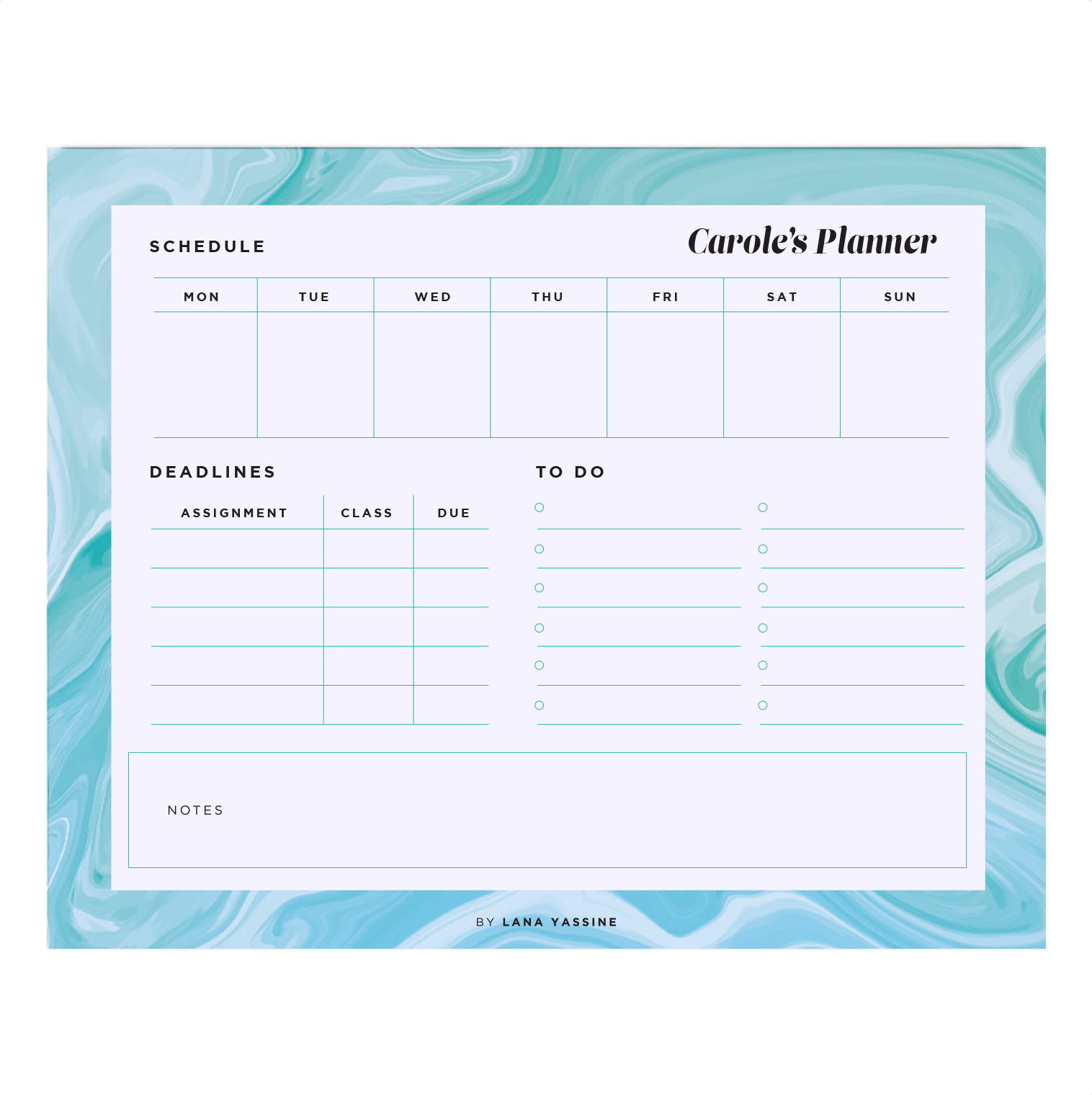 Turquoise Marble Compact  Student Weekly Desk Planner