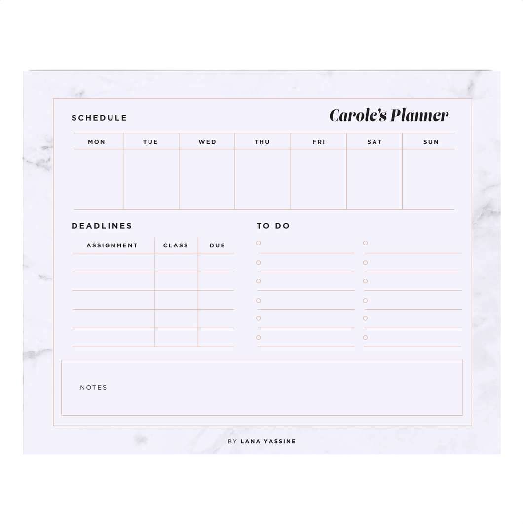 White Marble Compact Student Weekly Desk Planner