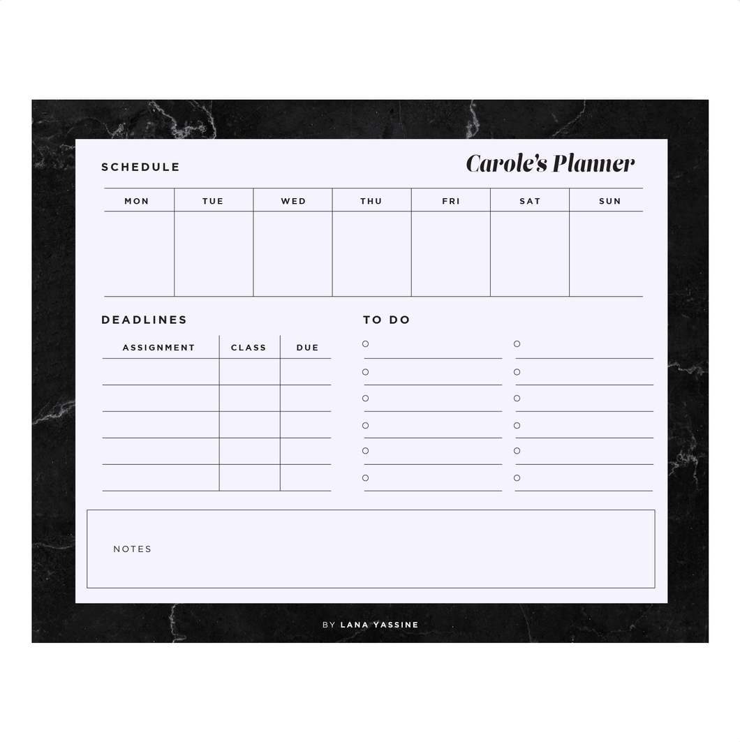 Black Marble Compact Student Weekly Desk Planner
